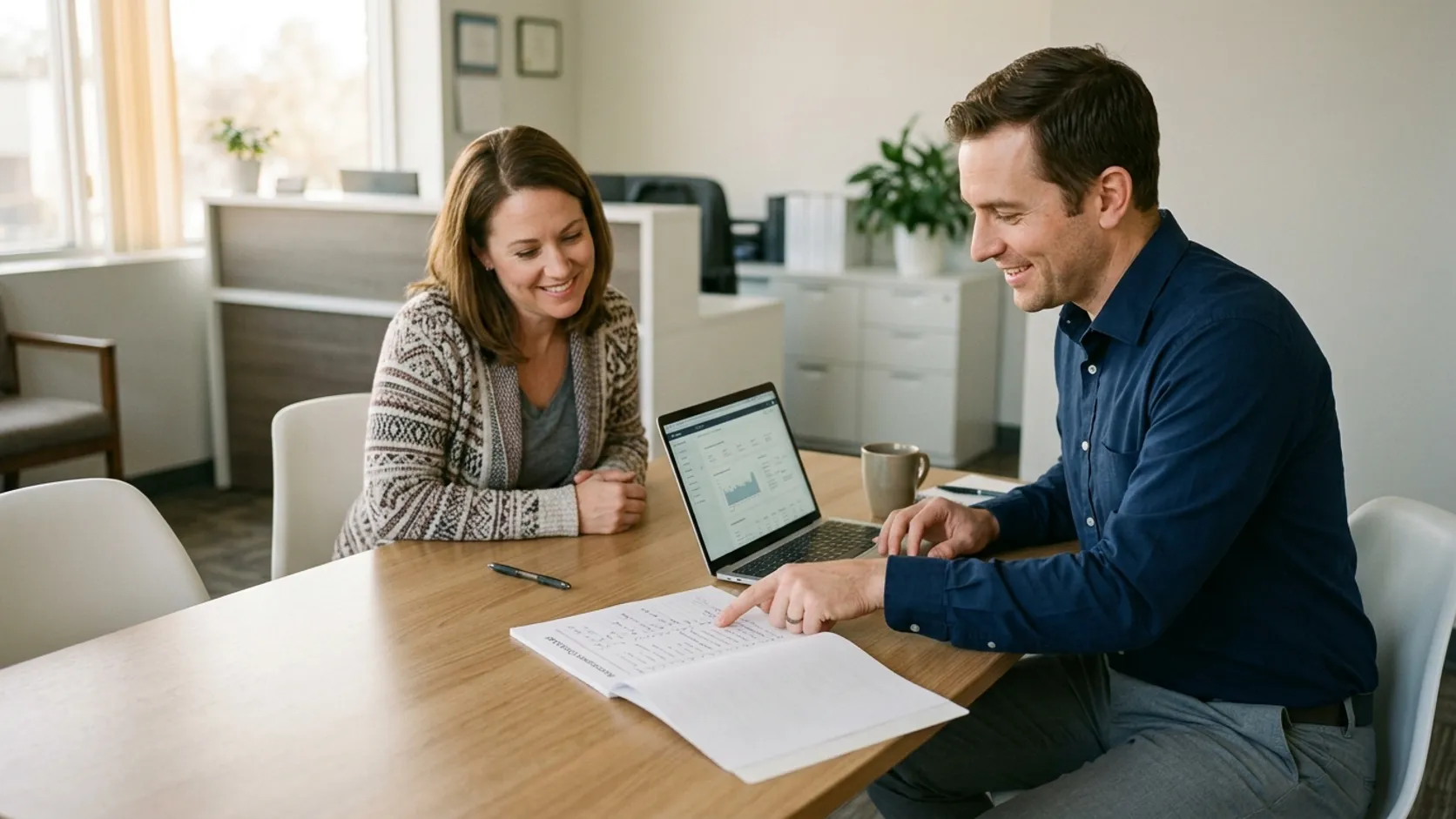 Illustrative scene of a consultant reviewing a security assessment with a client